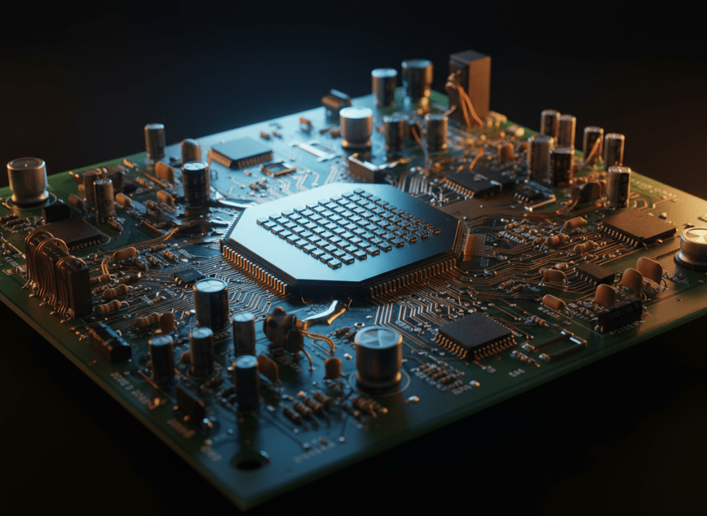 Close-up macro of a vintage IBM mainframe circuit board fused with modern quantum computing chip, extreme detail, dramatic side lighting, dark moody background, electric blue and amber highlights on metallic surfaces. Technical, premium, editorial. No text.