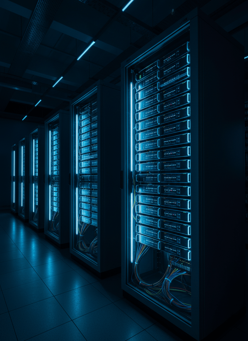 Moody photograph of an enterprise mainframe computer system in a dark data center, rows of illuminated hardware panels and cabling, cool electric-blue accent lighting against charcoal darkness, high detail, professional, no people, no text