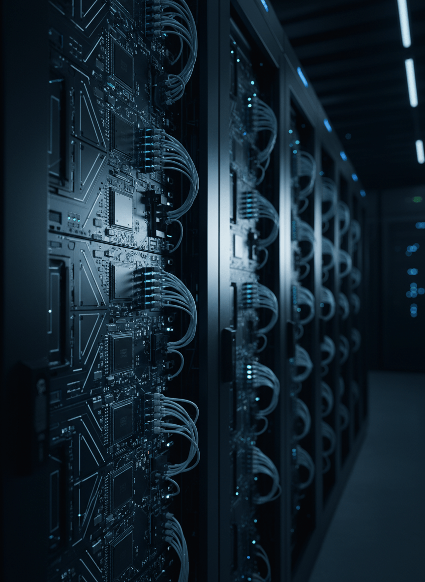Close-up of enterprise mainframe hardware, rows of servers and silicon chips in a dark data center, cool blue lighting, deterministic precision engineering feel, professional photography, dark navy tones, no text