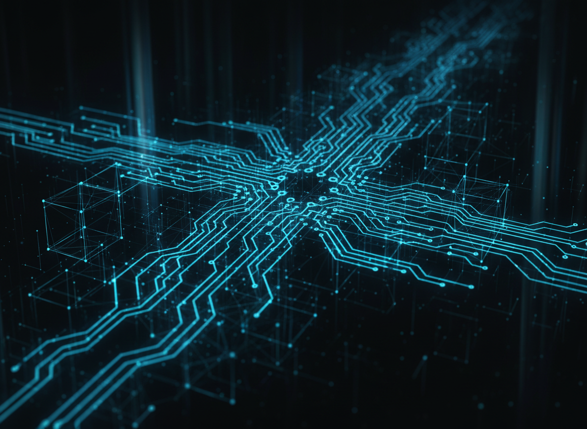Abstract dark technology background with glowing electric cyan circuit traces