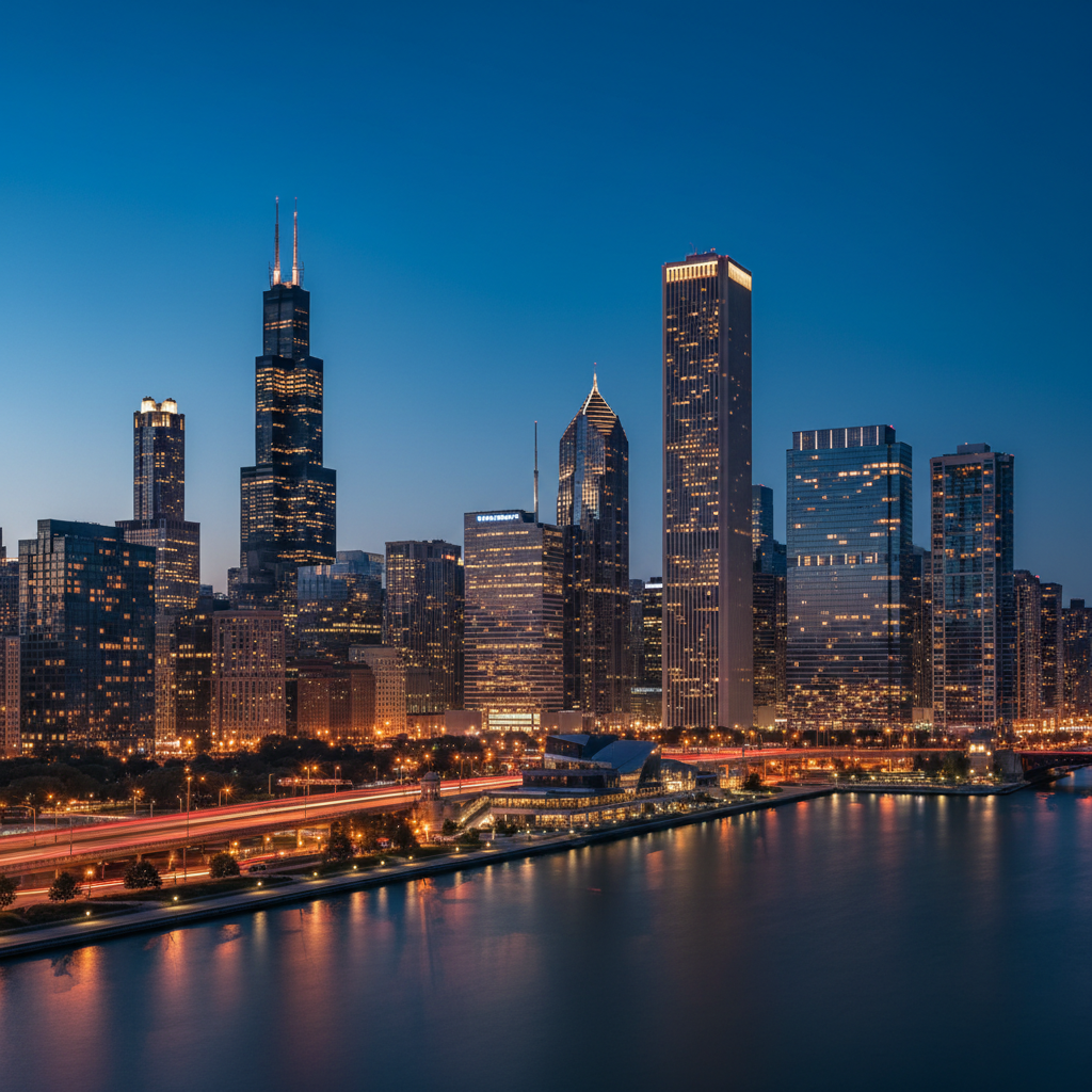 Chicago skyline at dusk with glowing city lights