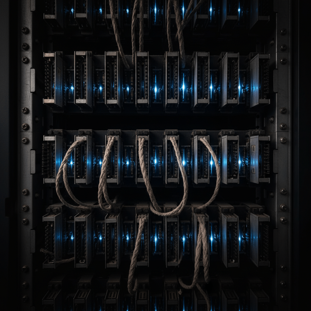 Vintage IBM mainframe computer hardware detail, rows of circuitry and cabling, dramatic dark lighting with electric blue accents, engineering heritage aesthetic, professional, no text