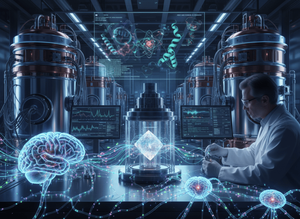 Unique quantum-computing editorial image for the 4realsy.net About research page. Focus on biological signals, quantum biology research methodology, laboratory measurement, sensors, signal acquisition, and a quantum computing environment. Scientific, photorealistic, technically credible, no logos, no text, distinct composition, landscape.